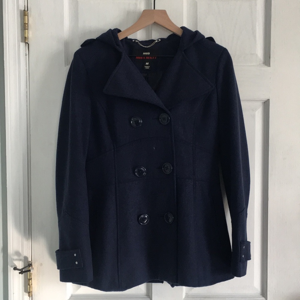 Miss Sixty Navy Wool Coat w/ hood - size Medium